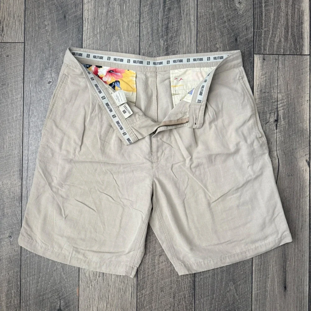 Solitude Pleated Linen Blend Shorts Beige Tan Mens 36 Tropical Lining Chino Golf
